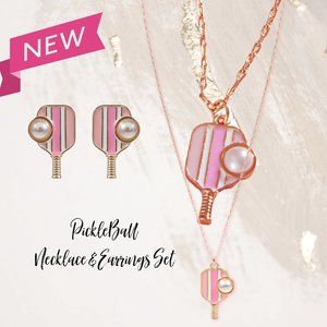 PickleBall Lovers Players Gift Set - Necklace & Stud Earrings Sporty Jewelry NEW